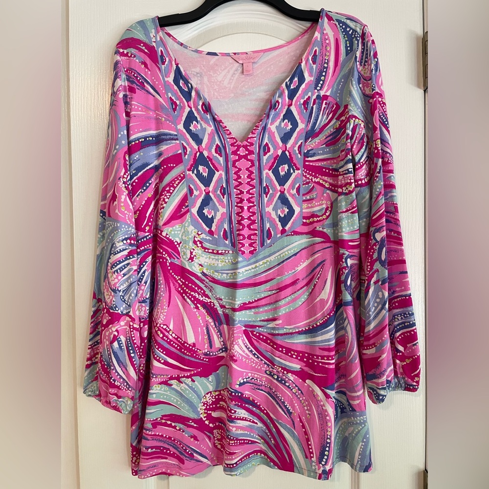 Lilly Pulitzer Gianna Tunic Pink and Blue Aqua Blouse - Picture 6 of 7